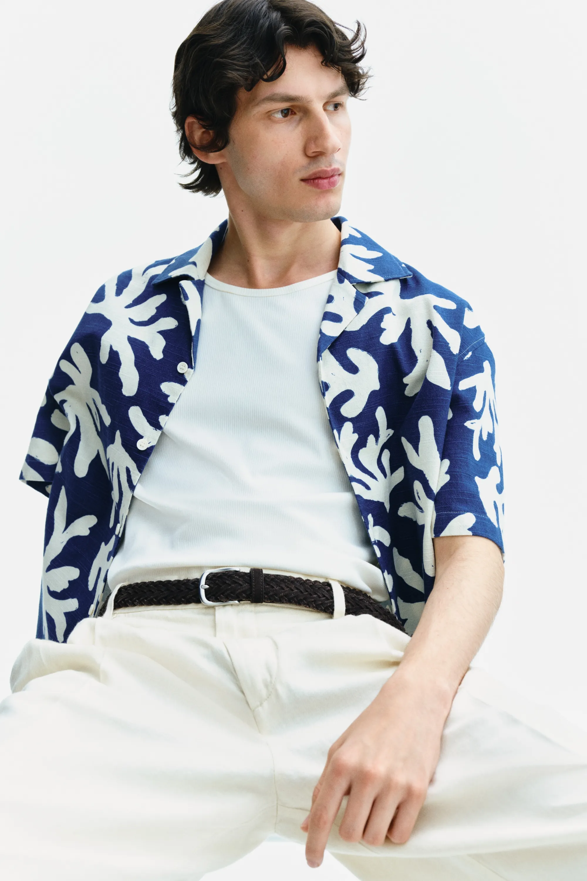 Chemise Relaxed Fit avec col cubain - Bleu/coraux