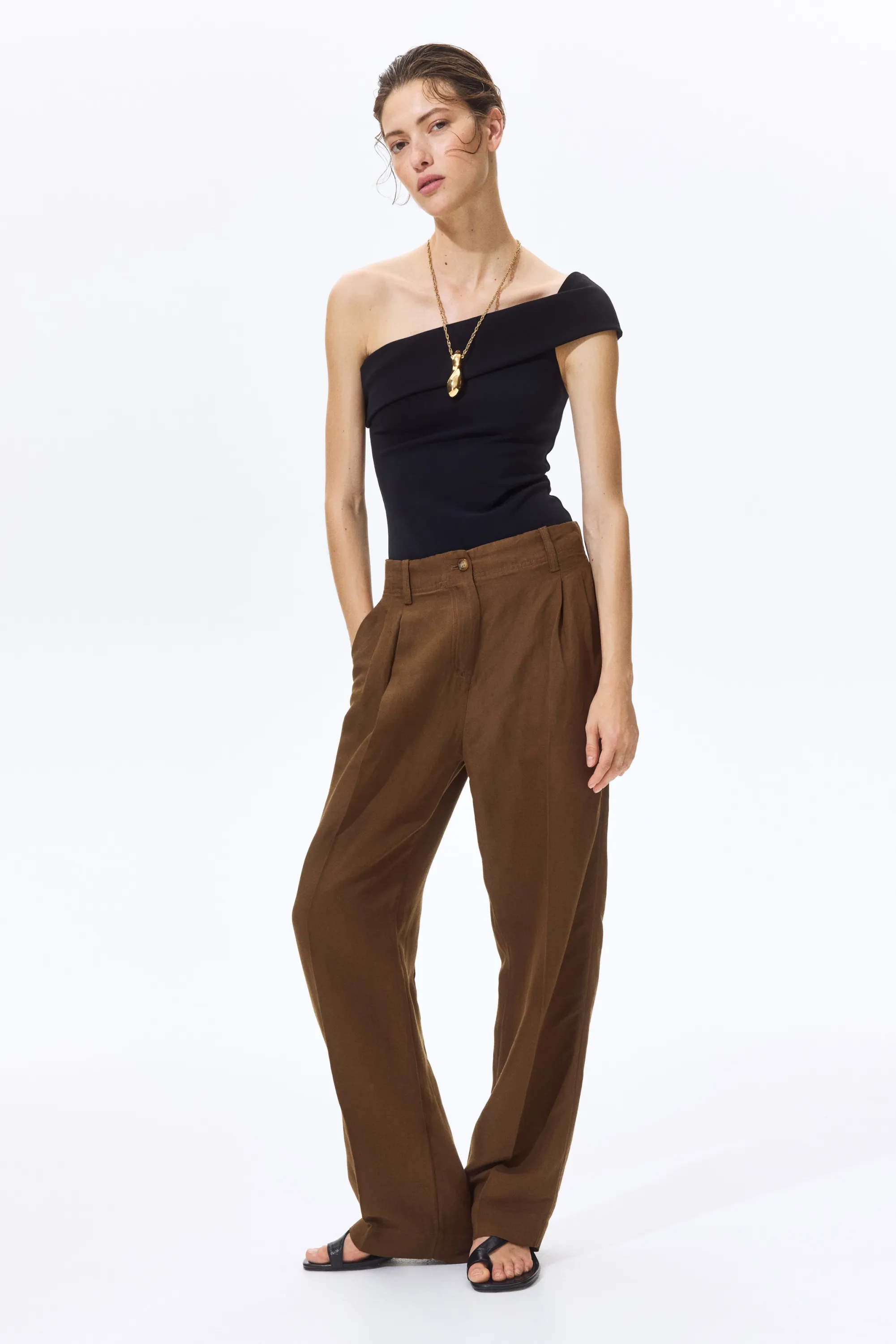 Pantalon effilé en lin mélangé - Marron
