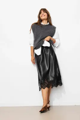 Jupe midi simili et dentelle — photo 2