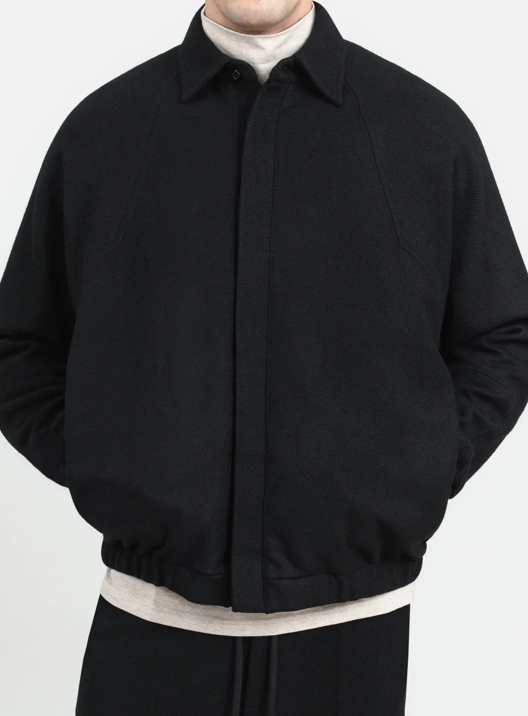 Bomber Jacket with Italian Collar in Black Carded Wool