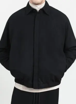 Bomber Jacket with Italian Collar in Black Carded Wool