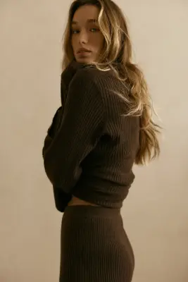 Pantalon large en maille côtelée - Marron foncé — photo 3