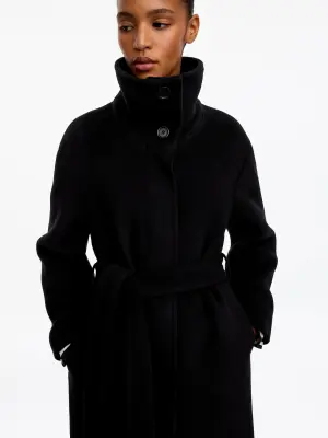 Manteau ceinturé en laine mélangée - Noir — photo 4