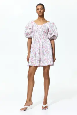 Robe en coton avec jupe évasée - Blanc/fleuri — photo 2