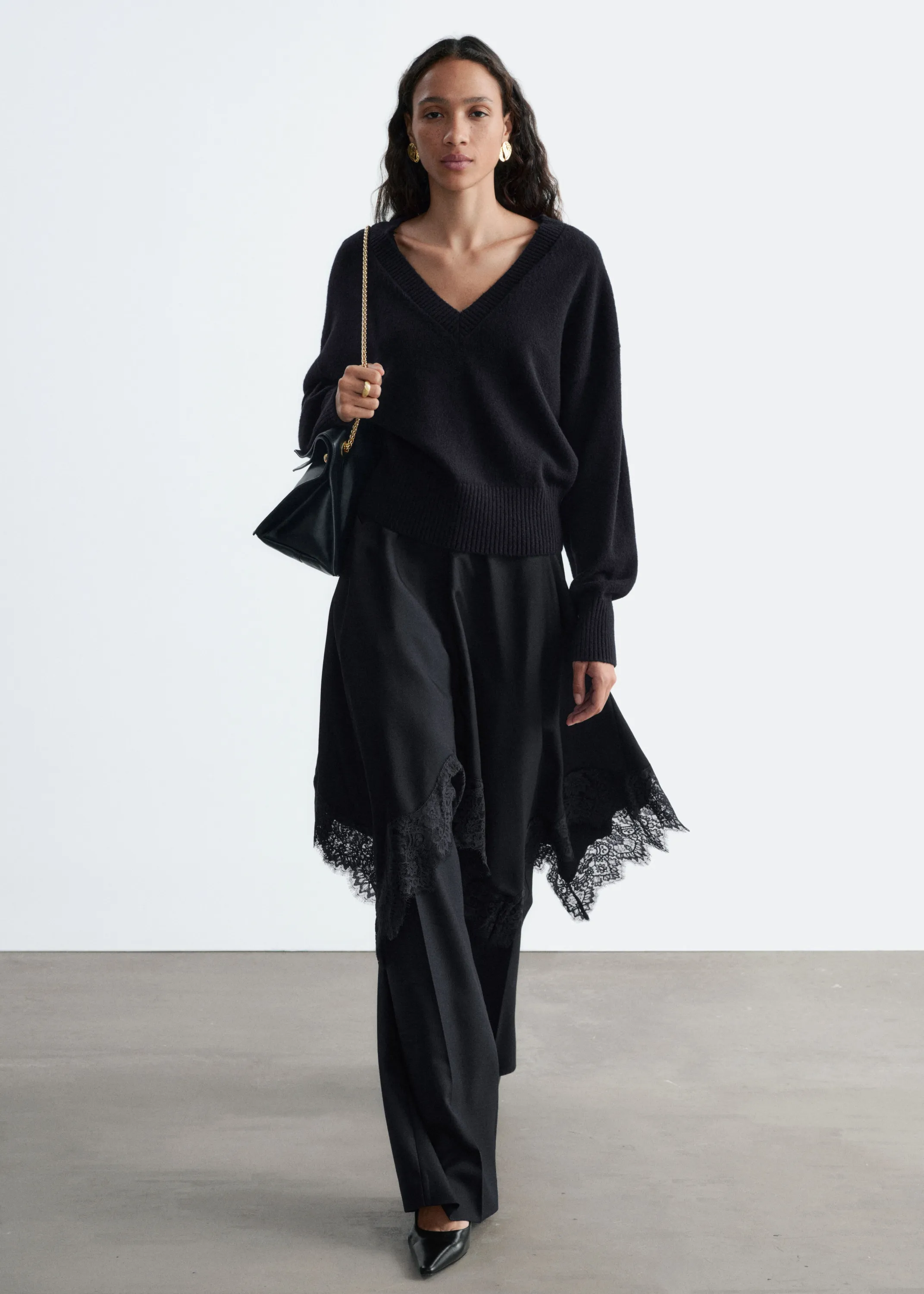 Pull à col en V côtelé en laine et en coton - Noir