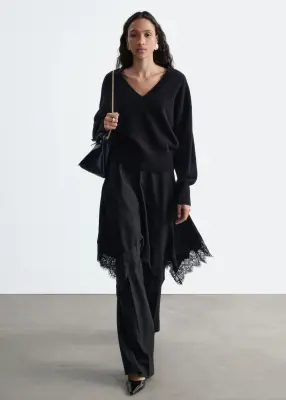 Pull à col en V côtelé en laine et en coton - Noir — photo 1