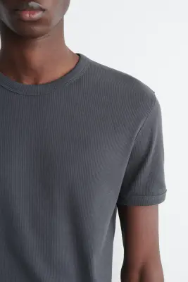 T-SHIRT SLIM EN COTON CÔTELÉ - GRIS FONCÉ — photo 1