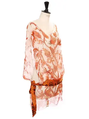 Robe en voile de soie et ceinture foulard imprimée d'oiseaux Phoenix orange et blanc Prix boutique 1700€ — photo 2