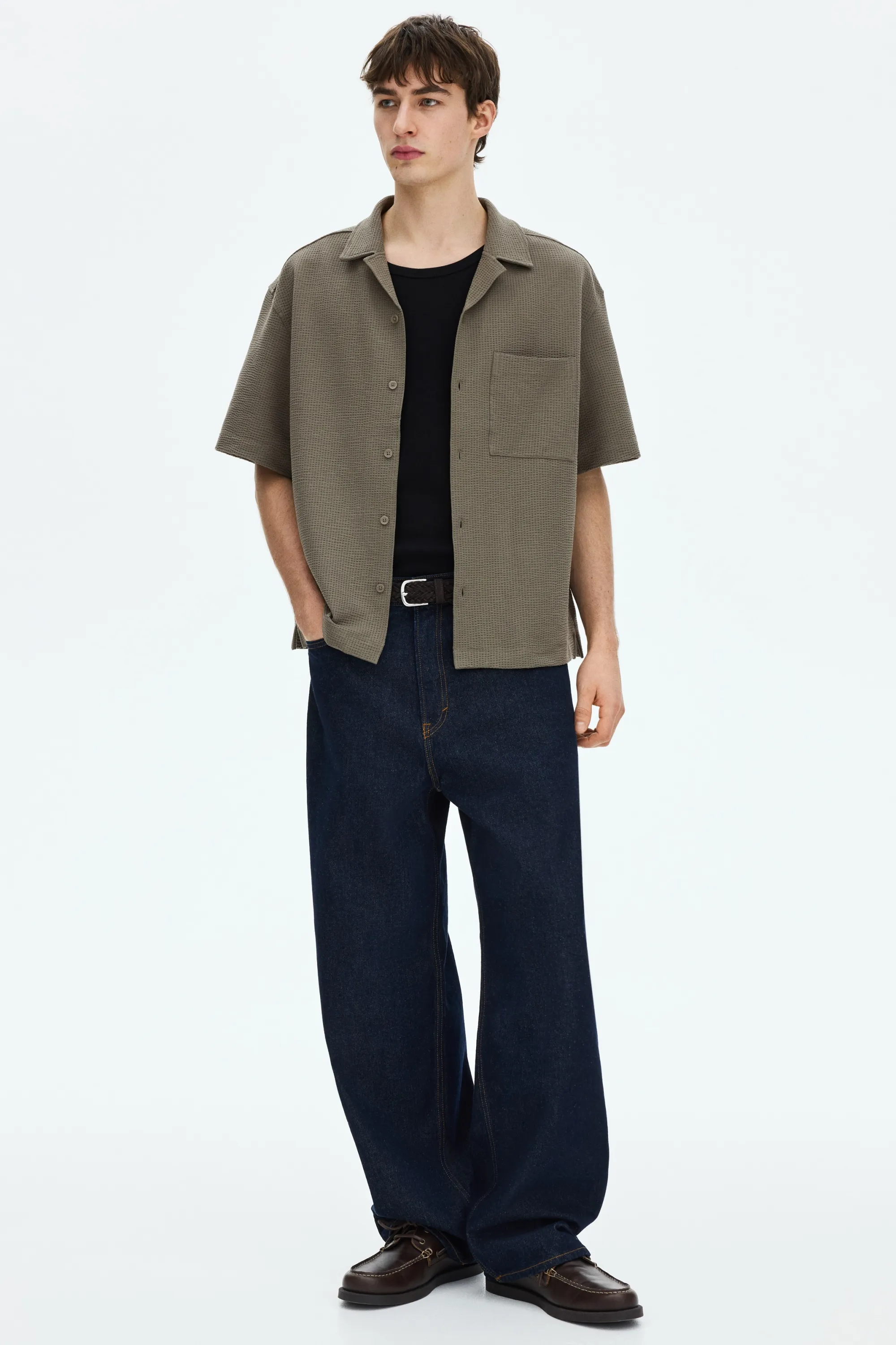 Chemise gaufrée Relaxed Fit avec col cubain - Vert kaki