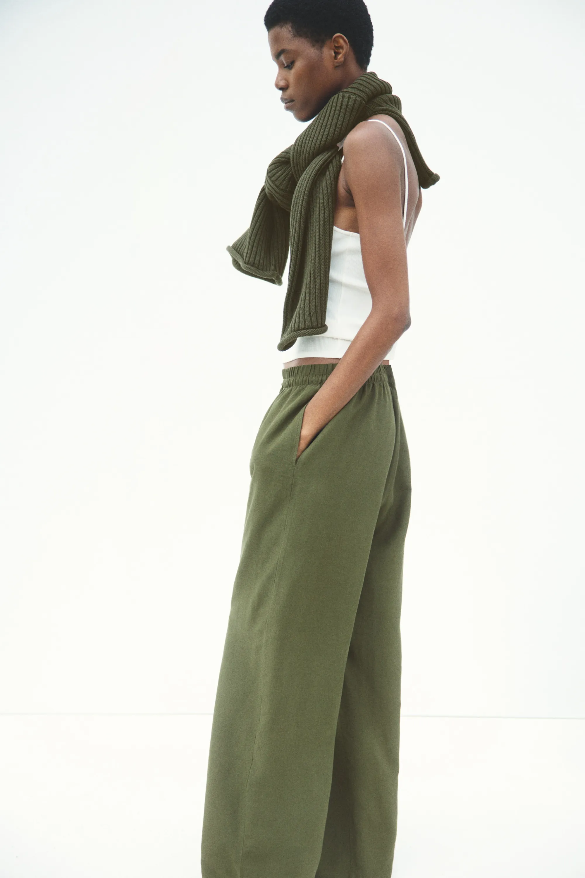 Pantalon en lin mélangé - Vert kaki foncé