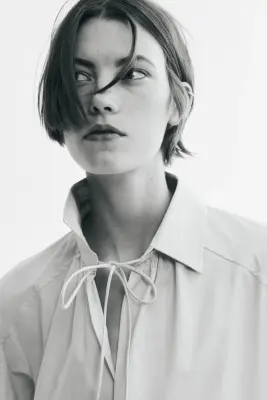 Blouse à manches bouffantes avec liens à nouer - Beige clair — photo 3