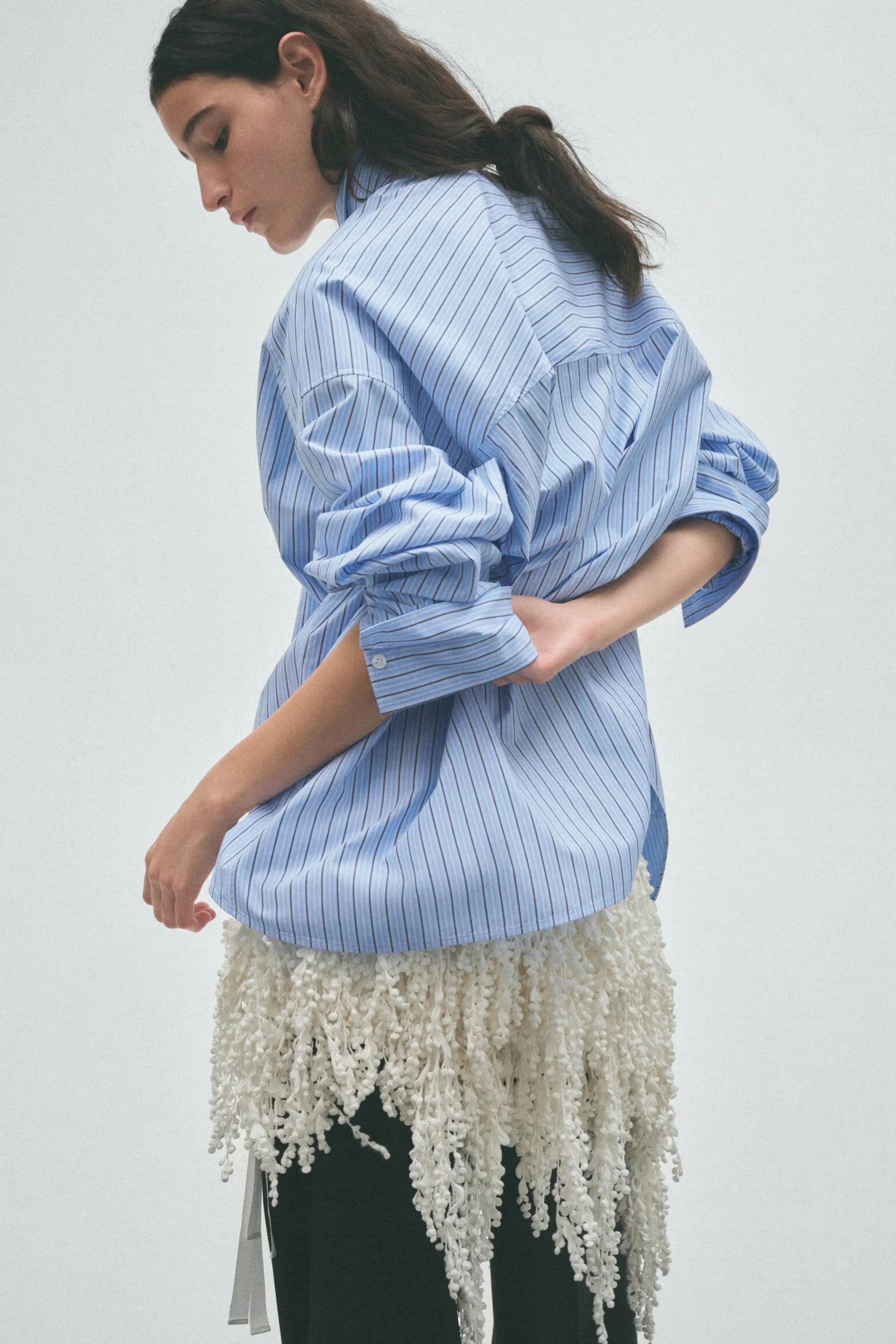 Chemise en popeline à effet superposé - Bleu clair/rayé