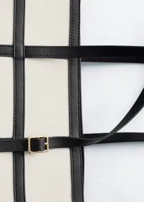 Sac porté épaule en toile à finitions en cuir - Écru/Noir — photo 3