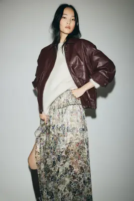 Jupe en crêpe avec taille smockée - Beige/fleuri — photo 1