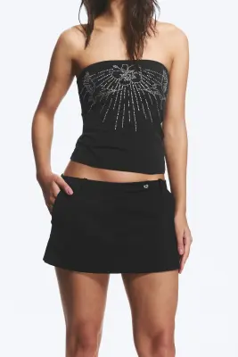Mini-jupe ajustée taille basse en tissu de costume - Noir — photo 1