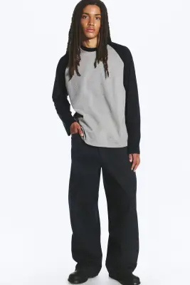 T-shirt ample boxy à manches raglan - Gris clair chiné et bleu marine — photo 2