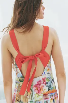 Robe sans manches avec dos ouvert - Rouge corail/motif — photo 2