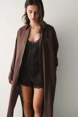 Robe chemise en lin mélangé - Marron foncé — photo 2