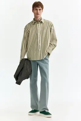Chemise Relaxed Fit en popeline - Vert kaki/rayé — photo 1