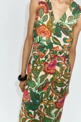Robe midi avec encolure en V - Beige clair/fleuri — photo 1