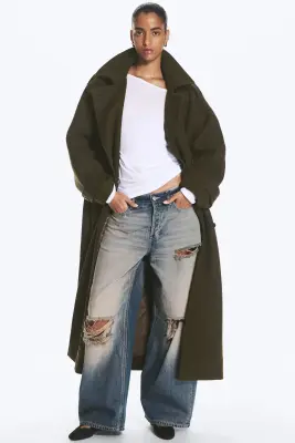 Manteau croisé ceinturé en mélange de laine - Vert kaki foncé — photo 2