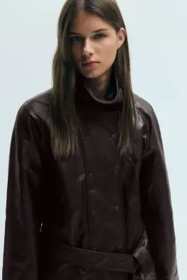 Veste croisée en tissu enduit - Marron foncé — photo 2