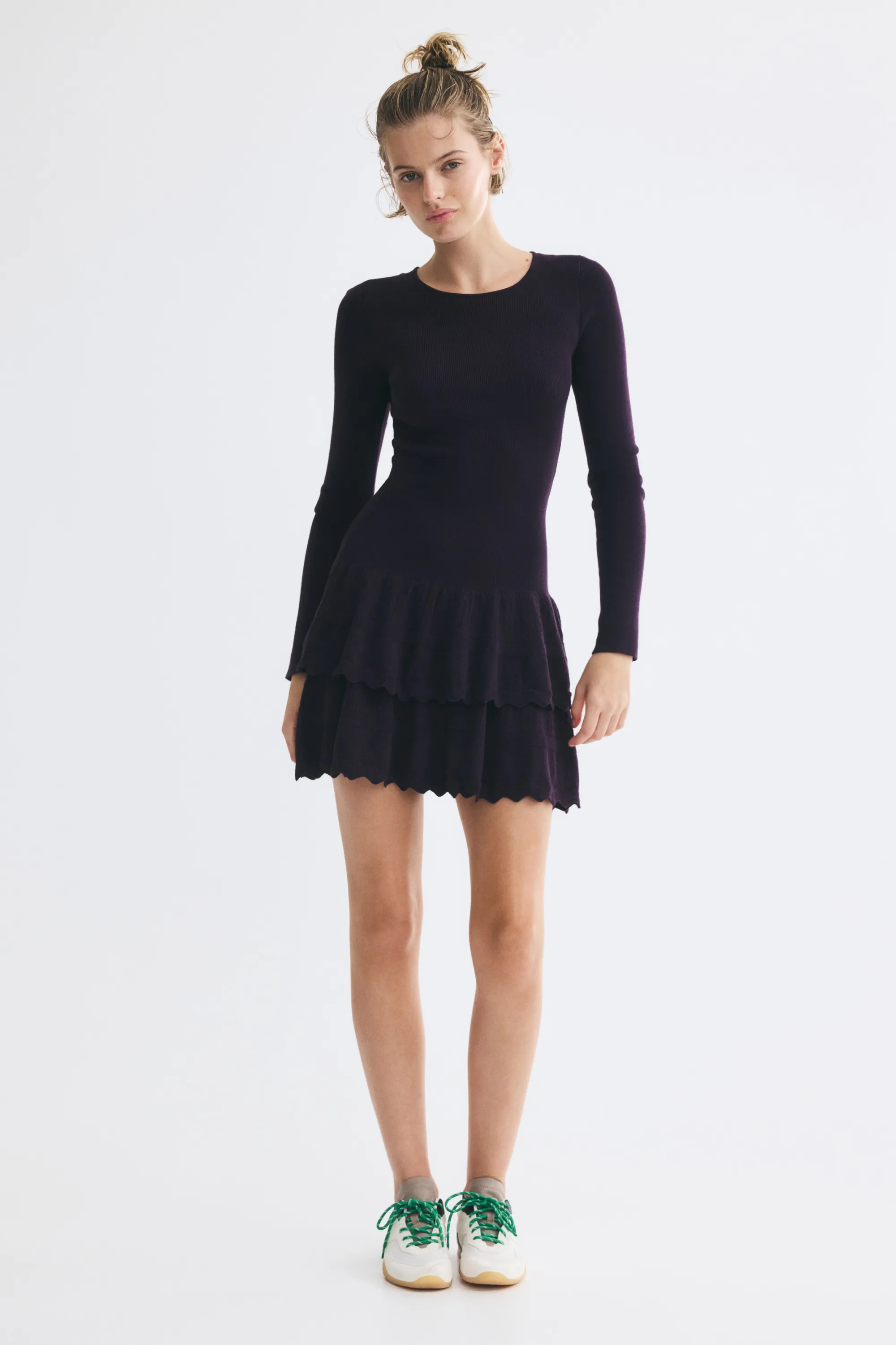 Robe à volants étagés en maille côtelée - Violet foncé