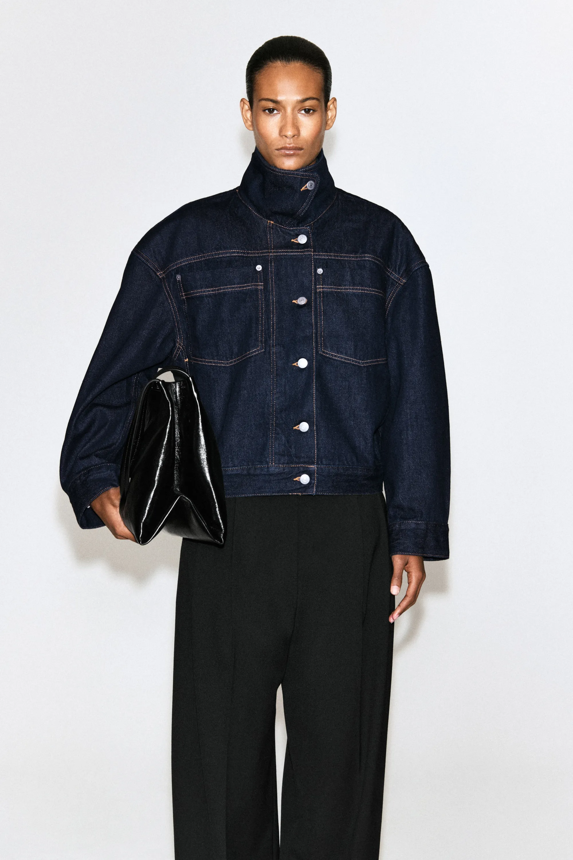 VESTE EN DENIM À COL CHEMINÉE - BLEU ENCRE