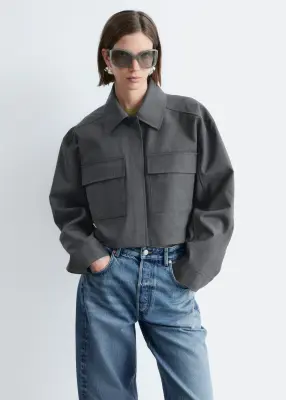 Veste courte en laine et coton - Gris foncé — photo 2