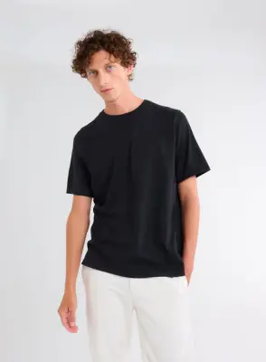 T-shirt Noir Chiné Col Rond Manches Courtes en Coton Organique
