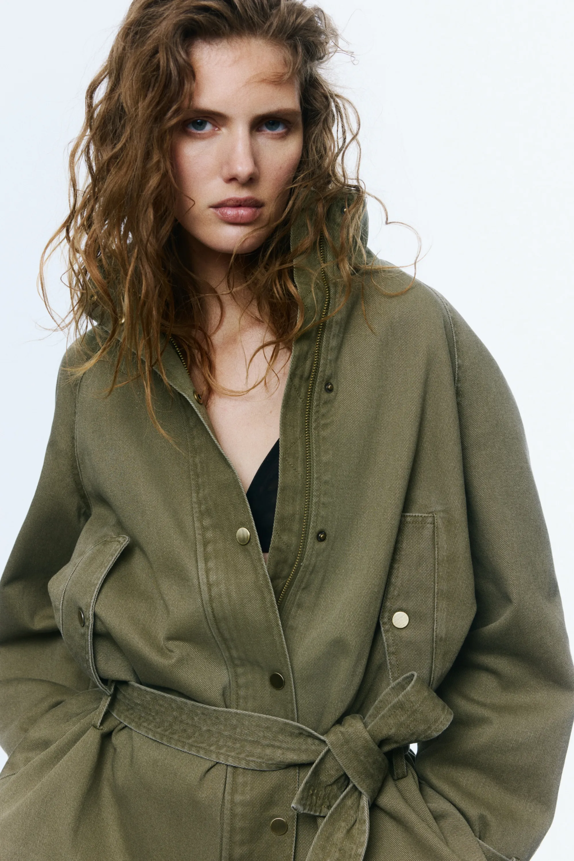 Veste en twill de coton avec ceinture - Vert kaki