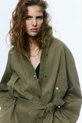 Veste en twill de coton avec ceinture - Vert kaki — photo 1