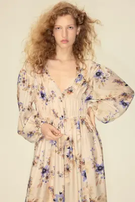 Robe imprimée avec détail à nouer - Beige clair/fleuri — photo 1