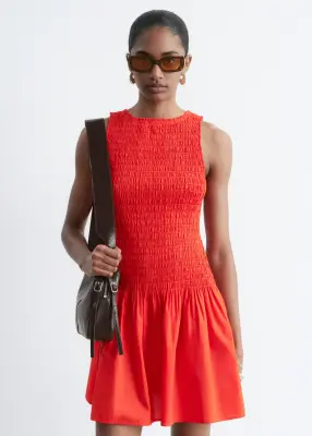 Robe courte à smocks en popeline de coton - Rouge — photo 1