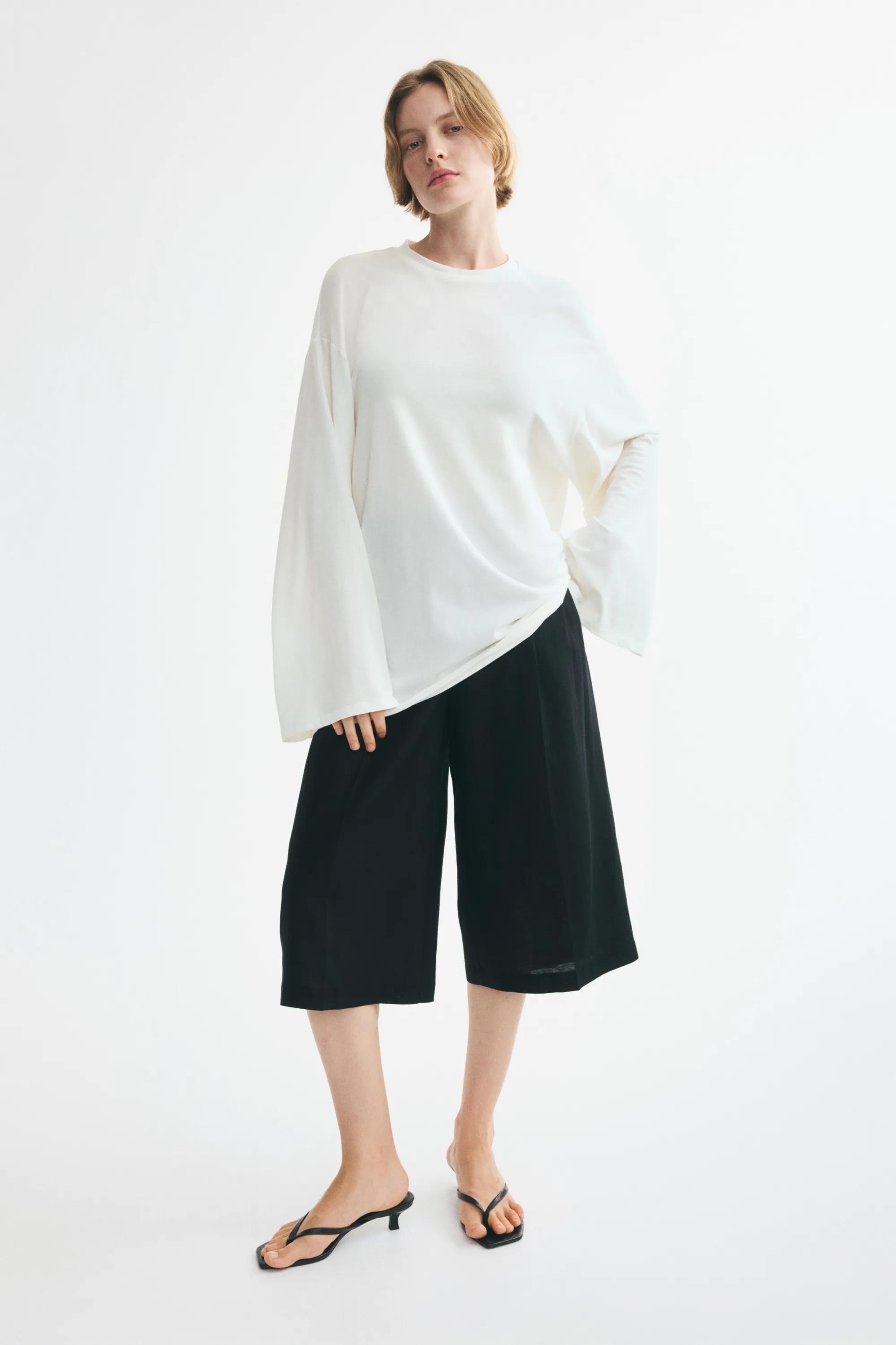 Long-sleeved cotton top - Crème