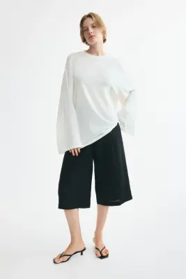 Long-sleeved cotton top - Crème — photo 1