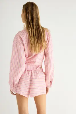 Short de plage en coton - Rose/rayé — photo 2