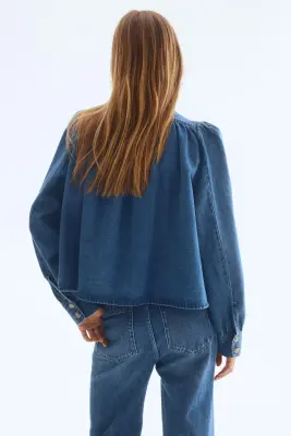 Veste à manches bouffantes en twill - Bleu denim — photo 3