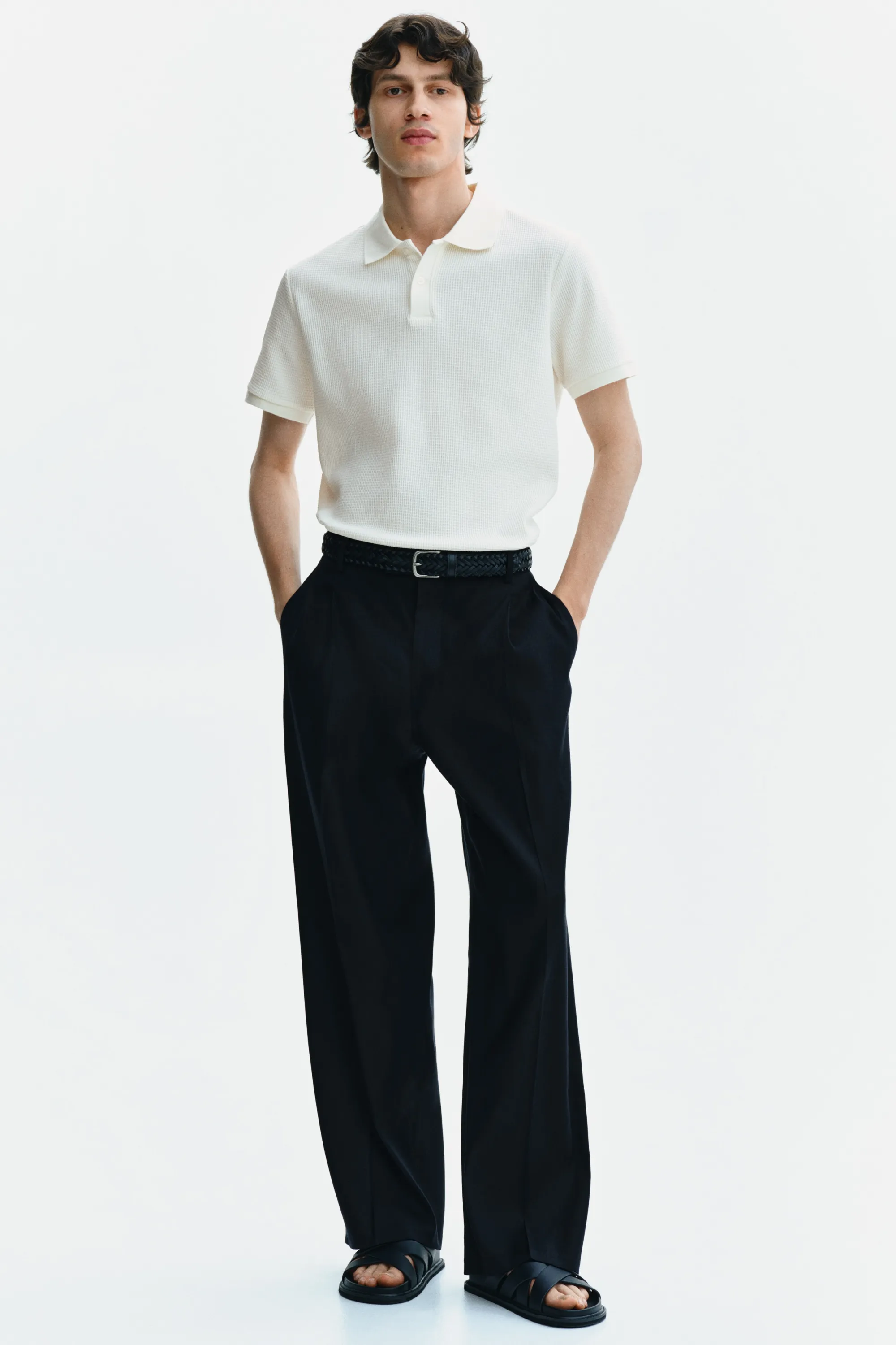 Polo Slim Fit en maille gaufrée - Crème