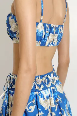 Crop top froncé en popeline - Bleu/motif — photo 2