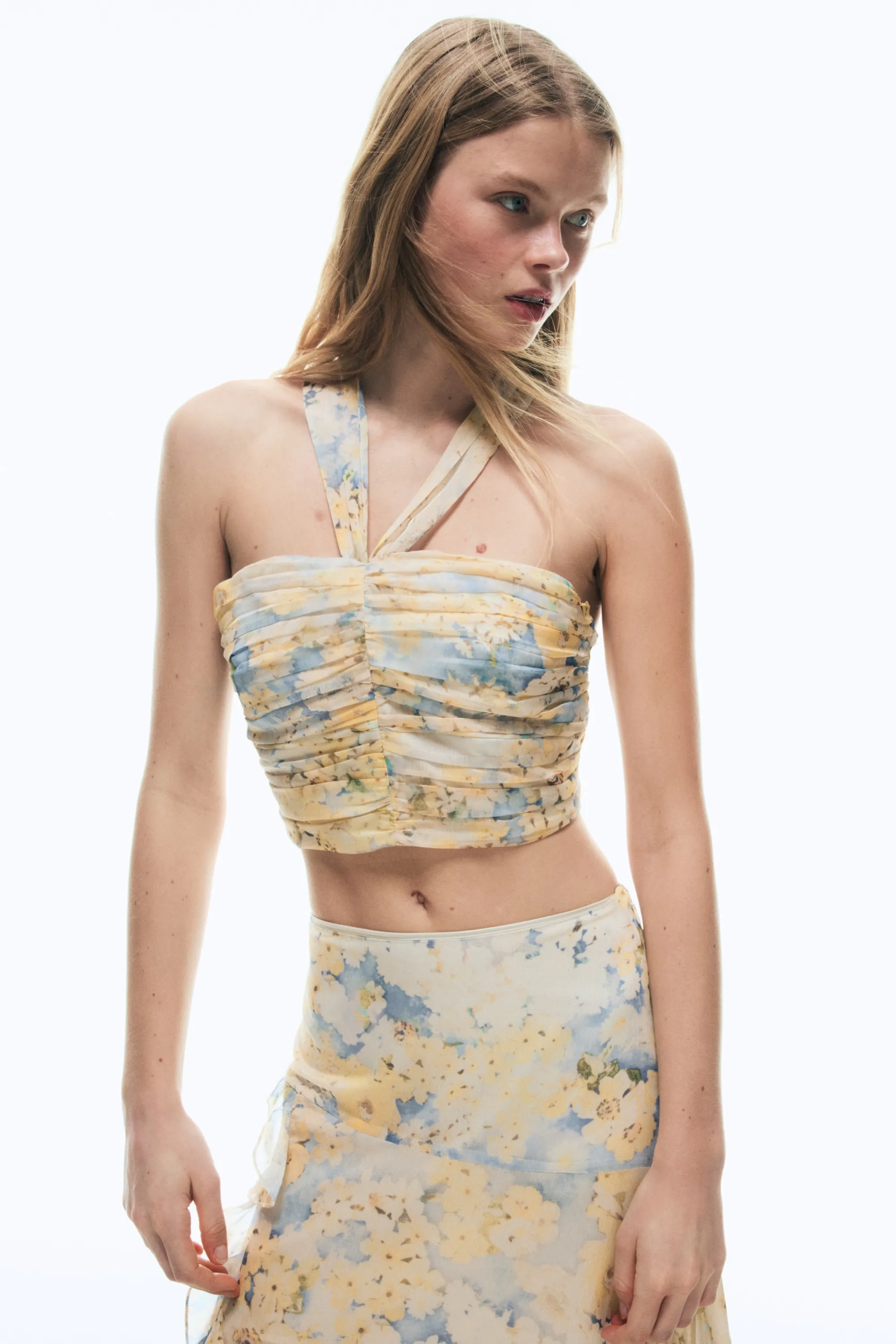 Crop top avec dos à nouer - Jaune clair/fleuri