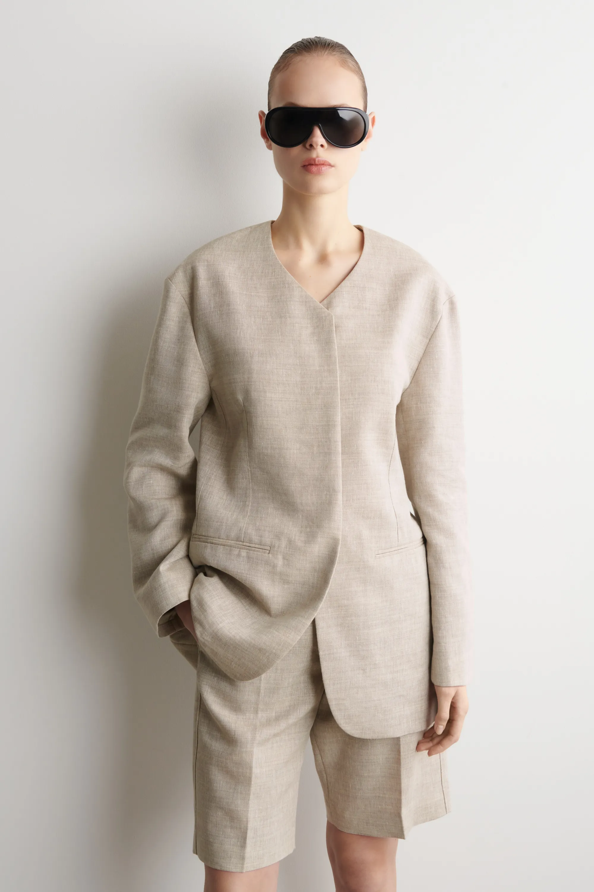 BLAZER STRUCTURÉ EN LIN SANS COL - BEIGE CHINÉ