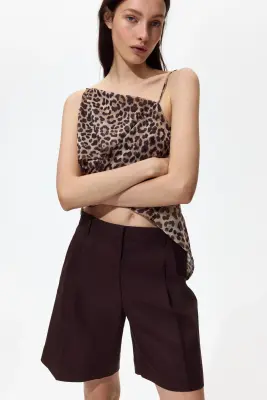 Short chic en lin mélangé - Marron foncé — photo 2