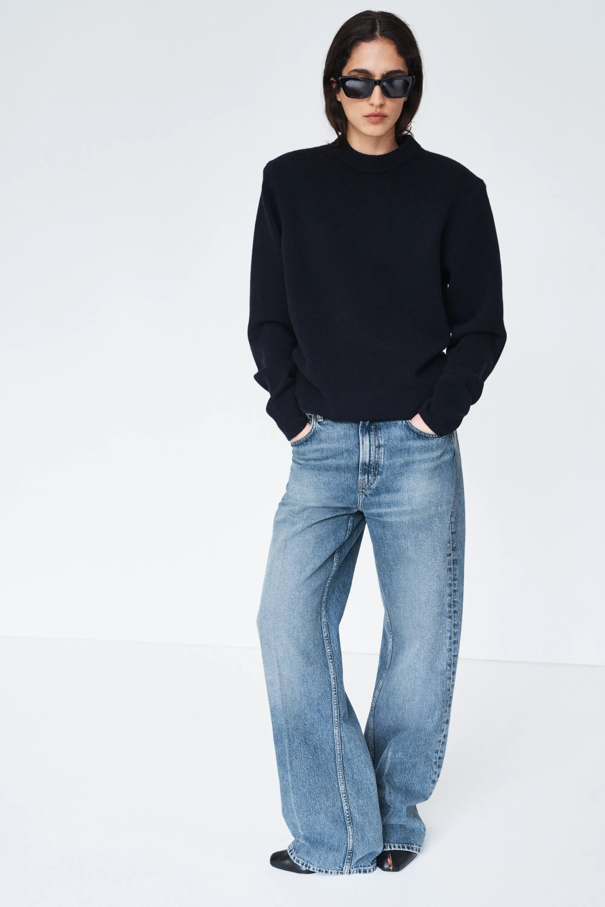 Pull en laine mélangée avec épaulettes - Bleu marine
