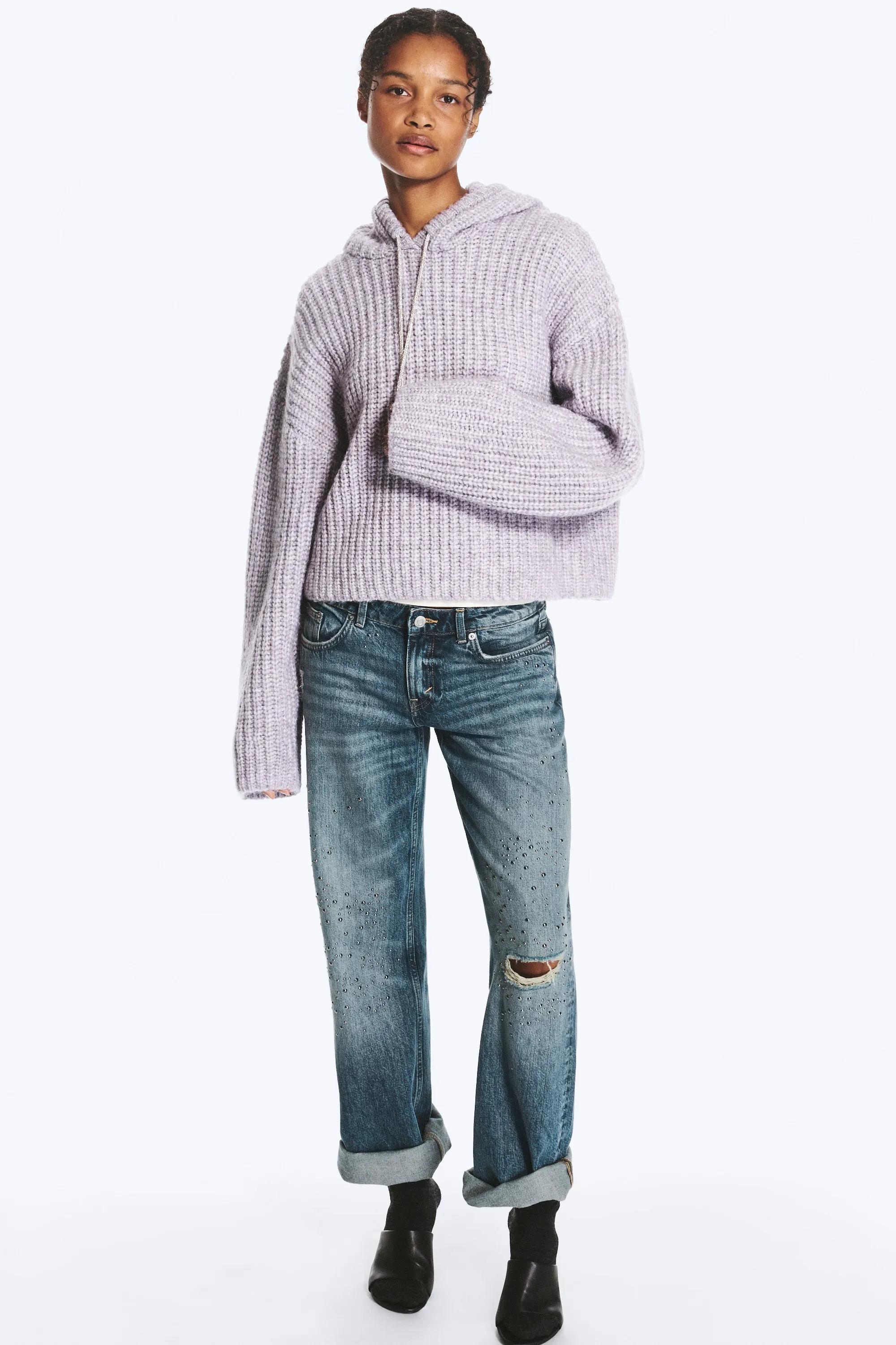 Sweat à capuche en maille avec cordon de serrage - Lilas