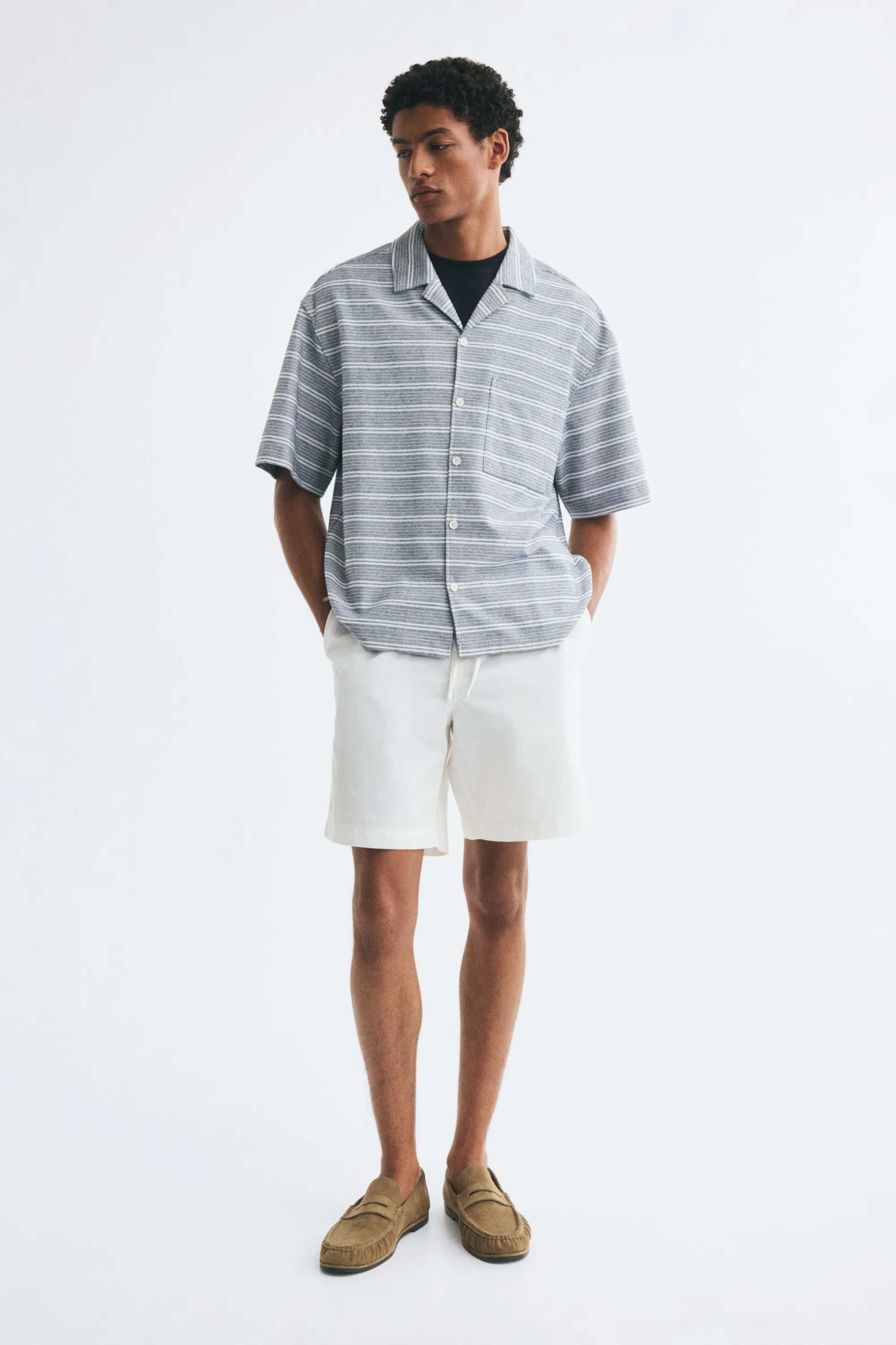 Chemise Relaxed Fit avec col cubain - Bleu ancien/rayé