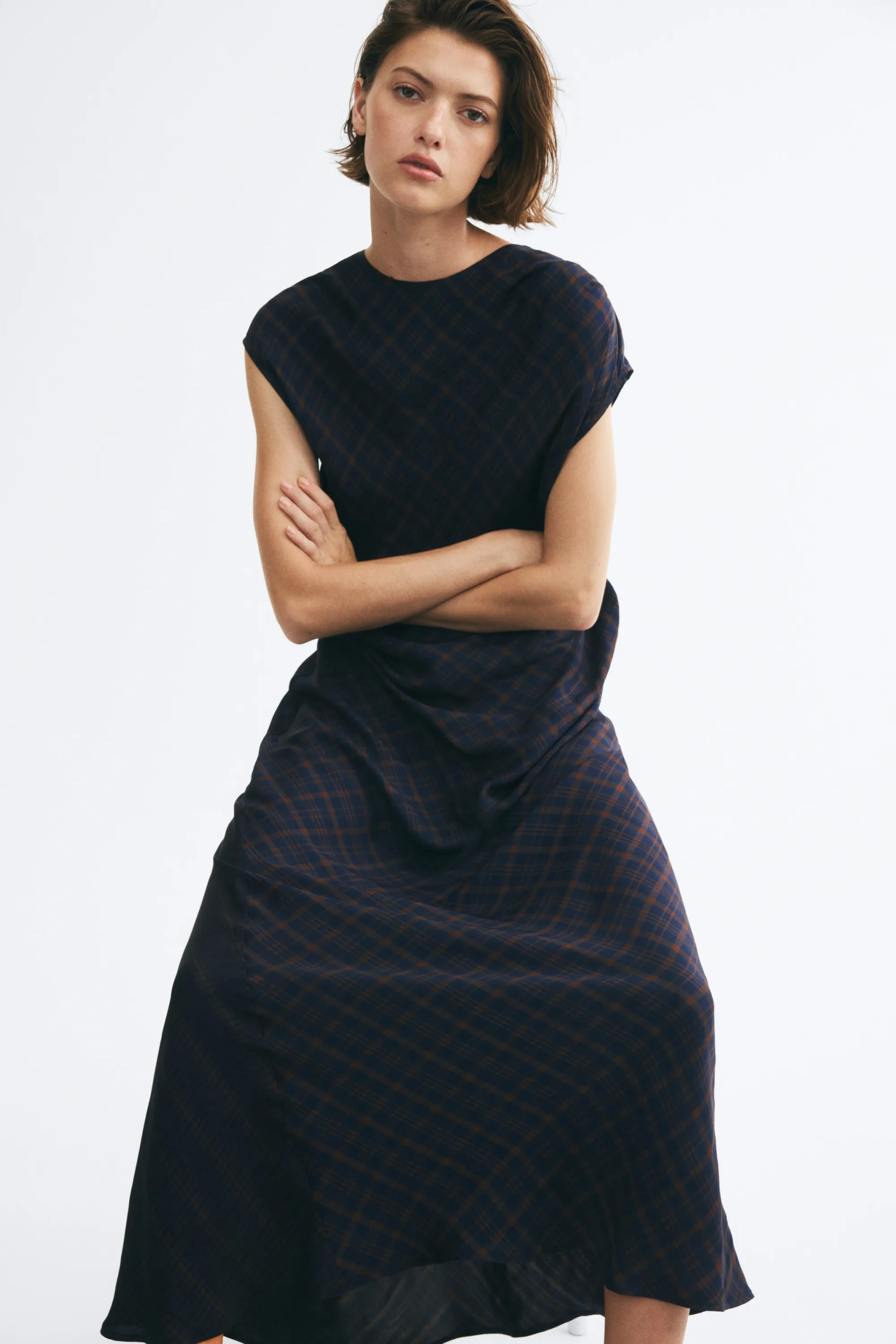 Robe à effet drapé en viscose mélangée - Bleu foncé/carreaux