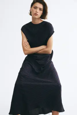 Robe à effet drapé en viscose mélangée - Bleu foncé/carreaux — photo 1