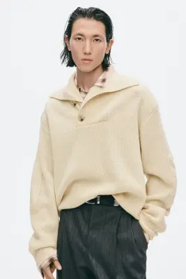 Pull Regular Fit en laine avec col châle - Beige clair — photo 2