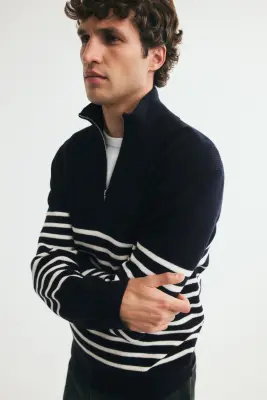 Pull Regular Fit avec col zippé - Bleu marine/rayé — photo 4